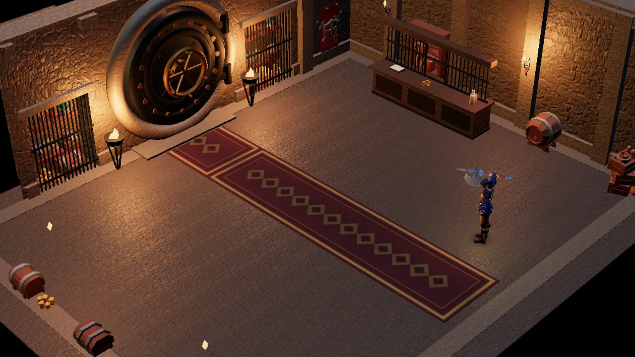 One of the first rooms I built, the treasury, with a huge door, a carpet and torches.