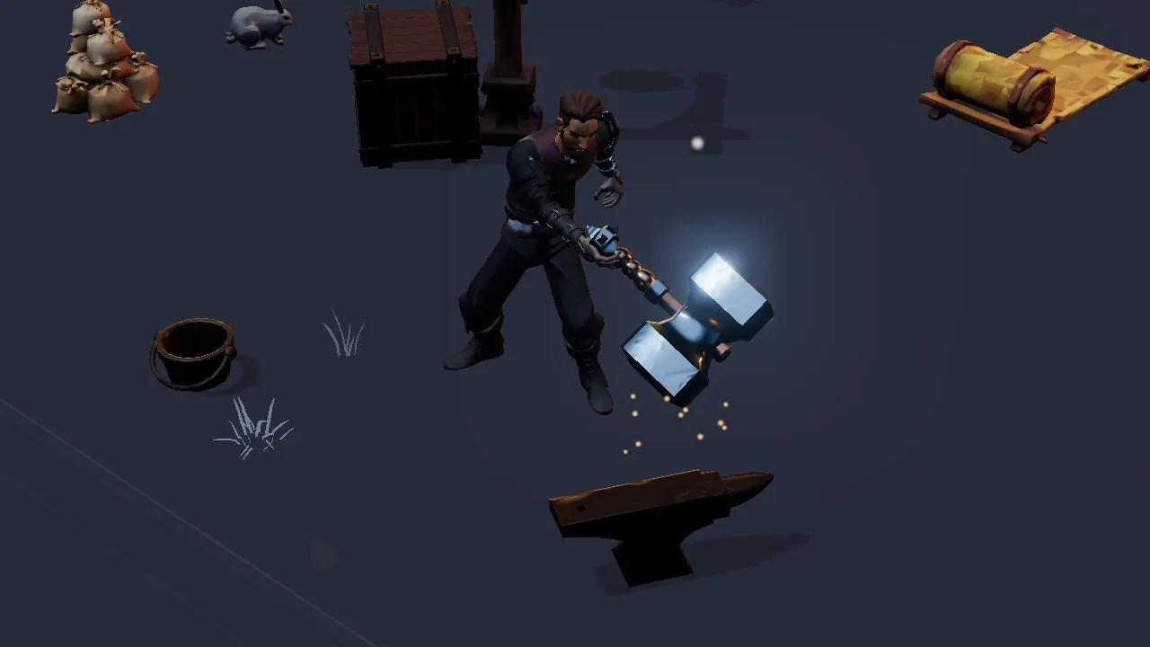 The smith at night, hammering the anvil. His voice has to match the clang.
