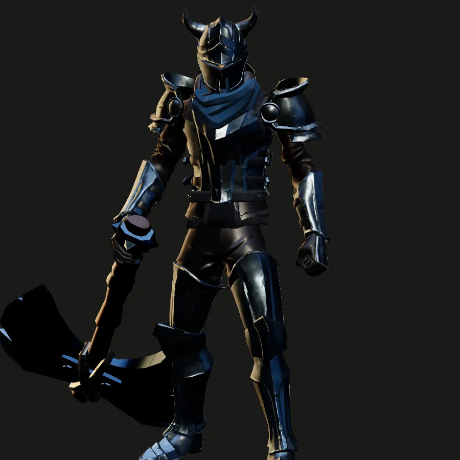 Standing still, the same knight shows how the axe rests.