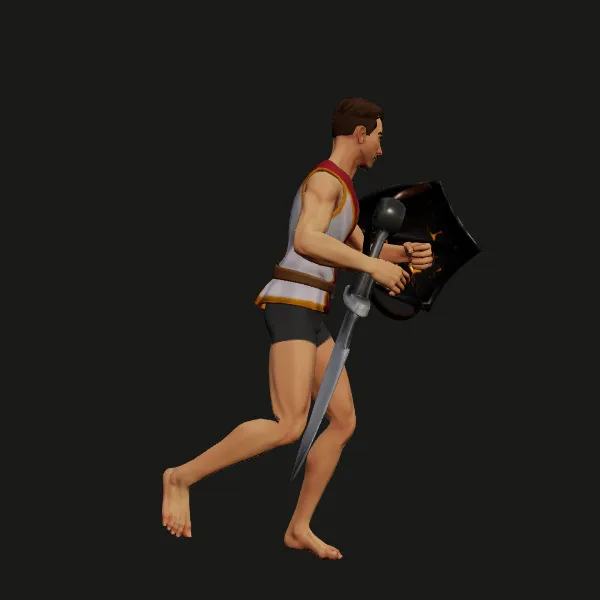 Running with shield and sword, every piece in its place.