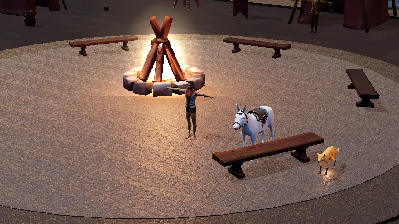 The clan fire, with benches around it for the crew to gather.