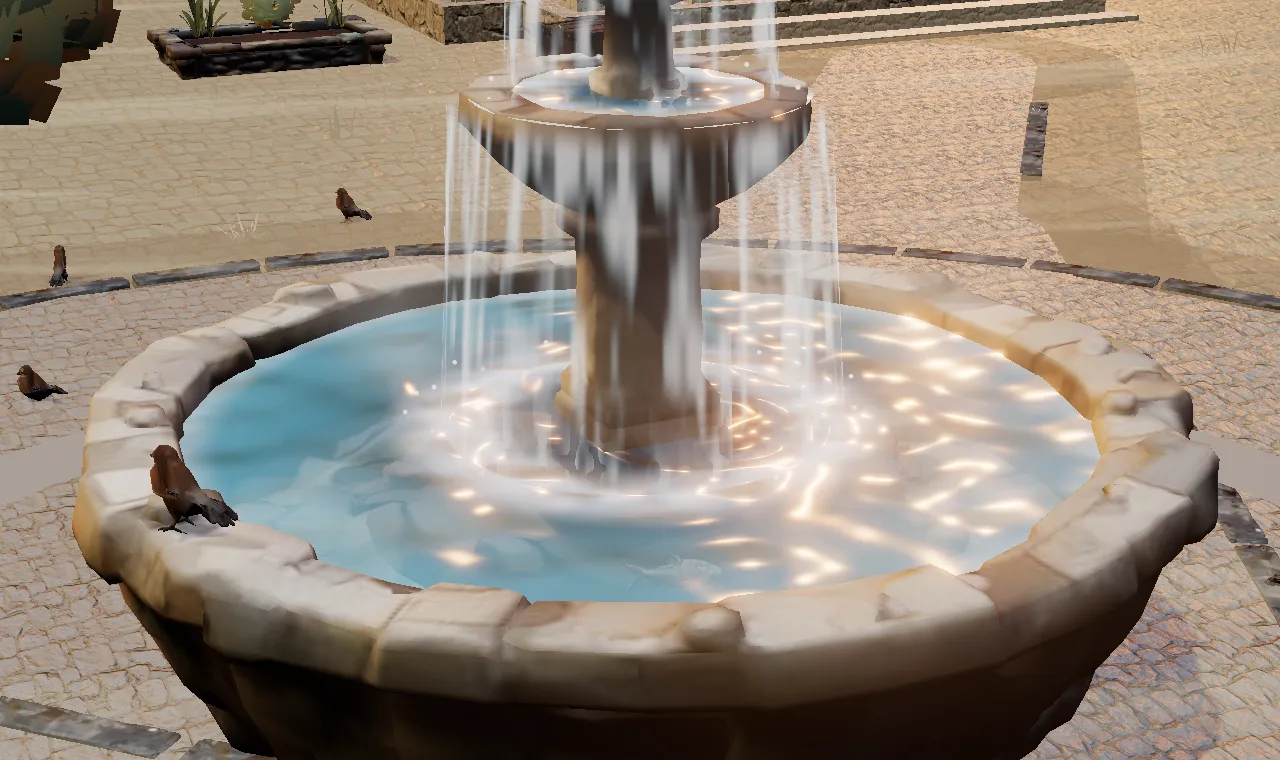 The square fountain, with birds landing on the rim.