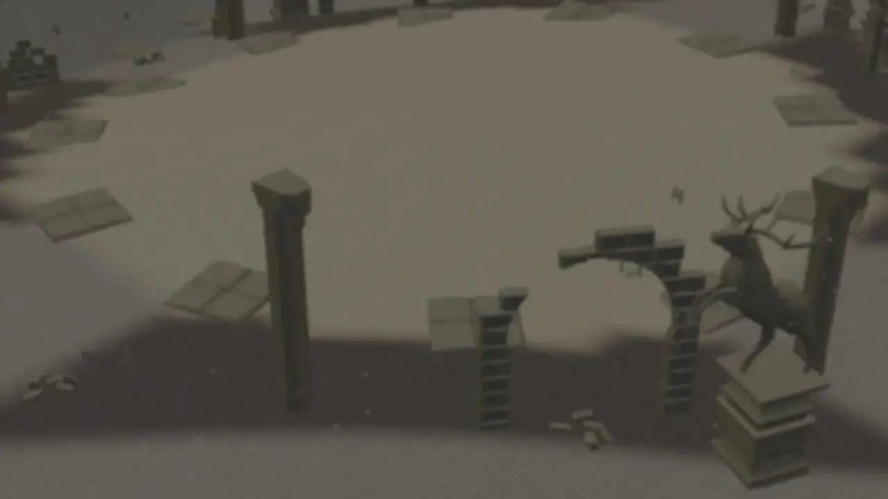 The ruins in the snow of the Labyrinth. A deer walks by, and the silence is part of the mood.