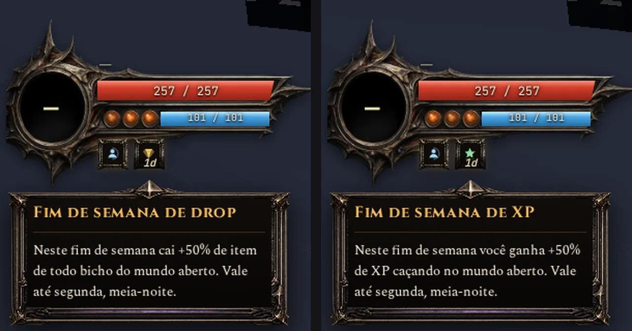 The weekend cards. Drop and experience bonuses, side by side.