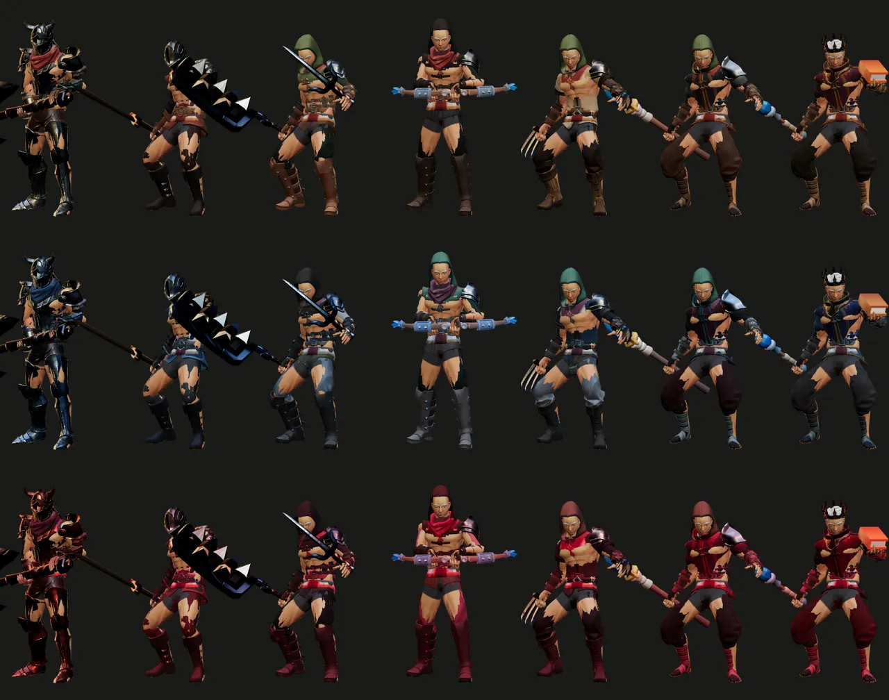 The seven Houses side by side, in three level tiers.