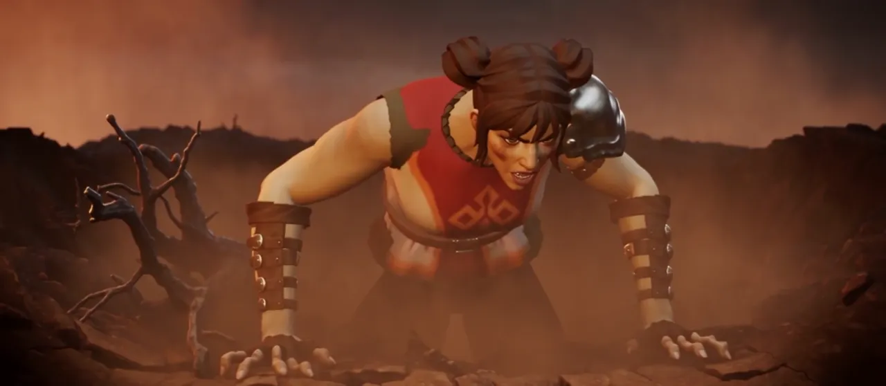 A heroína rastejando pelo deserto vermelho.
