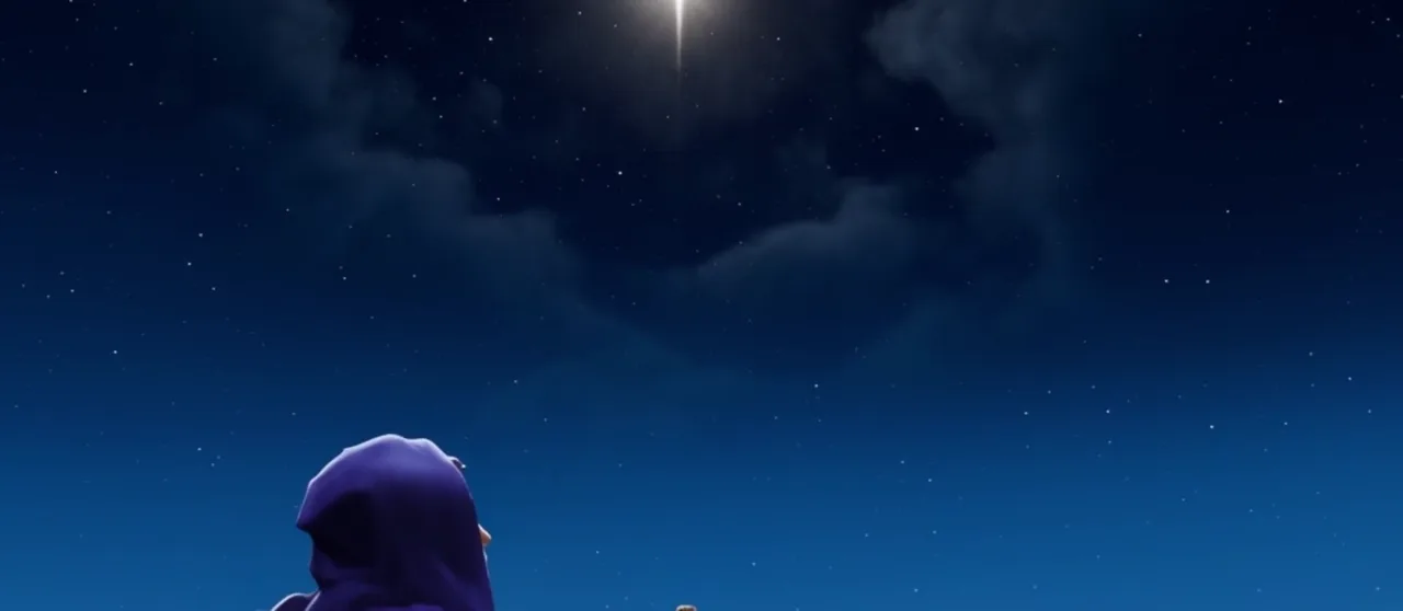 O céu da abertura: uma estrela e uma figura encapuzada olhando para cima.
