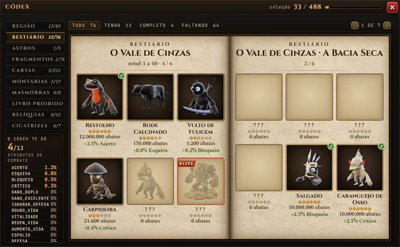 The Bestiary open, with the creatures arranged in a list.