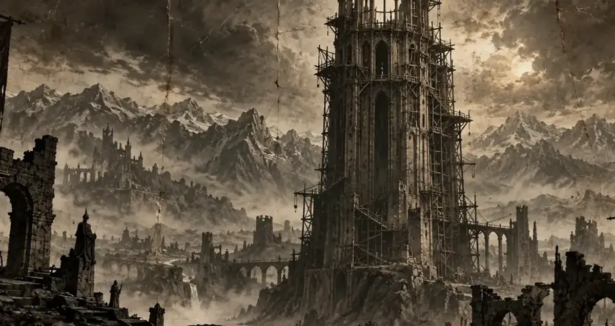 A Torre em obra, cercada de andaimes, como se ainda estivesse crescendo.